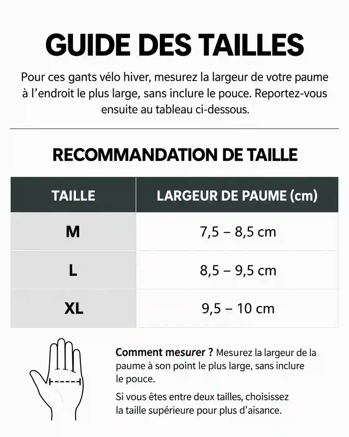 Charte des tailles gants hiver velo homme