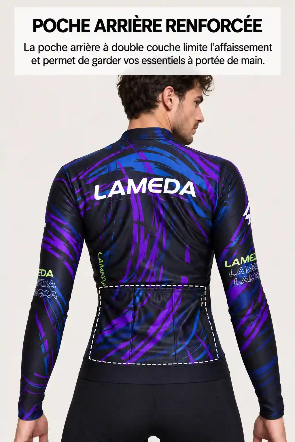 Maillot velo thermique vue de dos avec un commentaire sur poche arrière renforcée