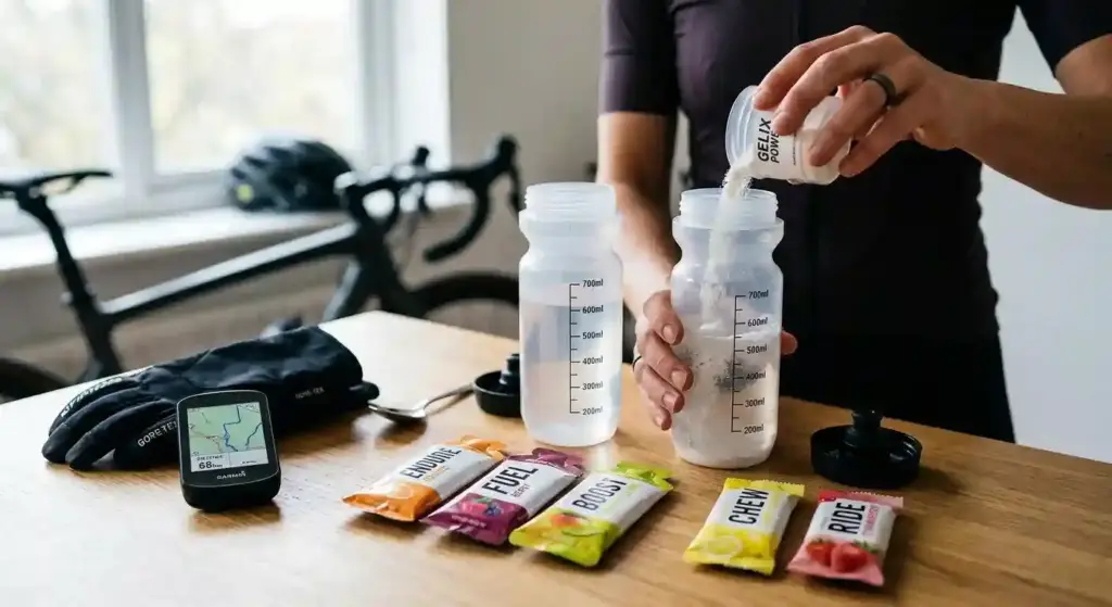 Préparation de l’alimentation cycliste pendant l’effort avec bidons, poudre énergétique et barres